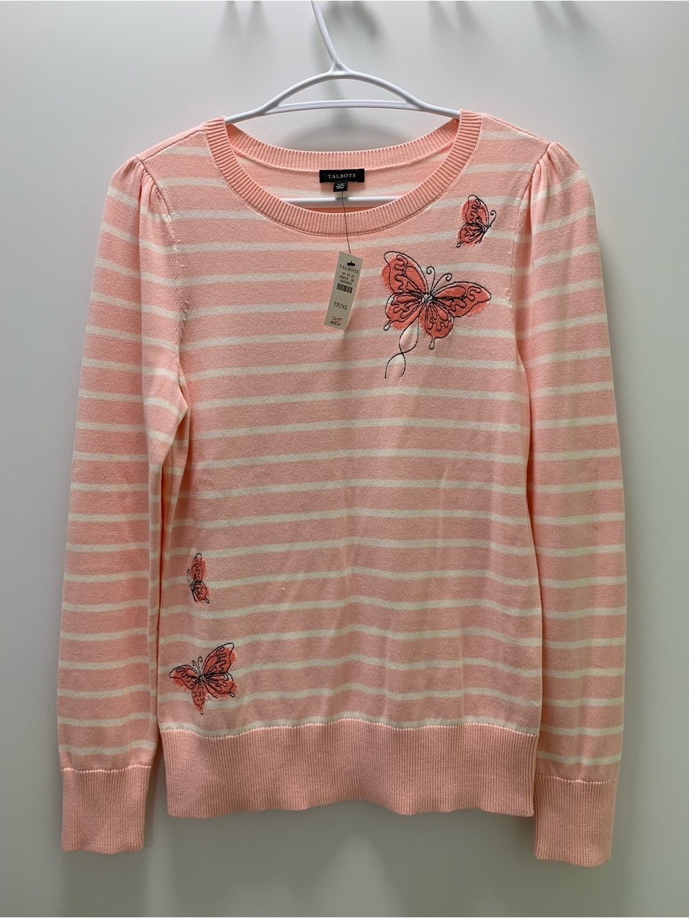 Talbots Pink and White Striped Crewneck Sweater with Butterfly Embroidery